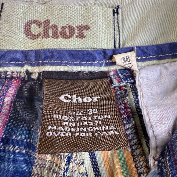 Chor Mens Cargo Shorts 38 Madras Patchwork Plaid Camo Vintage Bermuda Preppy Y2K - Picture 6 of 8